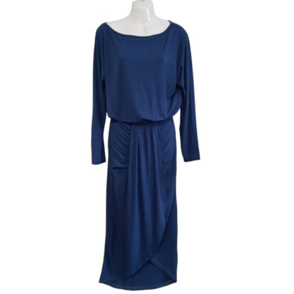 New Women's Pretty Garden Midi Dress Blue Size Medium Long Sleeve Round Neck